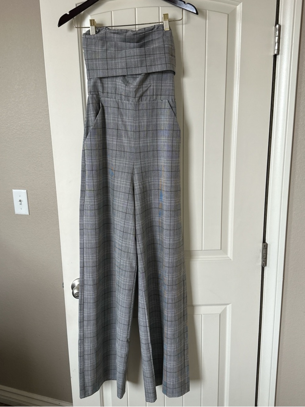 Express Gray Plaid Wide-Leg Strapless Jumpsuit Pants